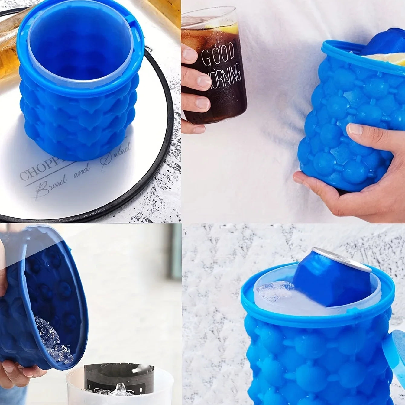 Large Silicone Ice Bucket with Lid, 2-in-1 Space Saving Ice Maker for Cocktail Wine Cooler Freeze Mold Barware Kitchen Tools