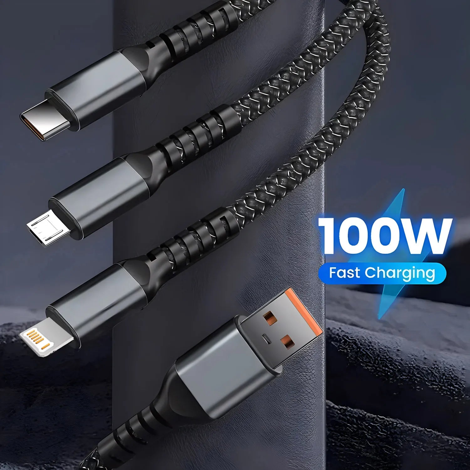 100W Fast Charging Cable Multi Charger Cable Nylon Braided Multiple USB Universal 3 in 1 Charging Cord Adapter with Type-C Micro