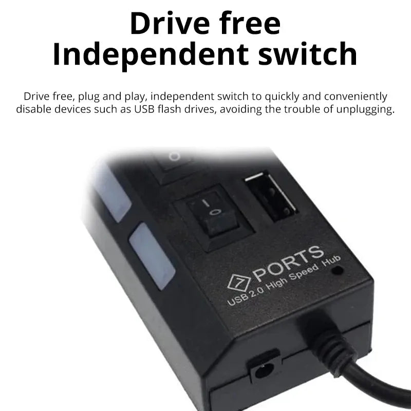 Coolcirc High-Speed 7-Port USB 2.0 Hub with LED Switch &Power Adapter Multi Splitter Expander for PC/Laptop Computer Accessories