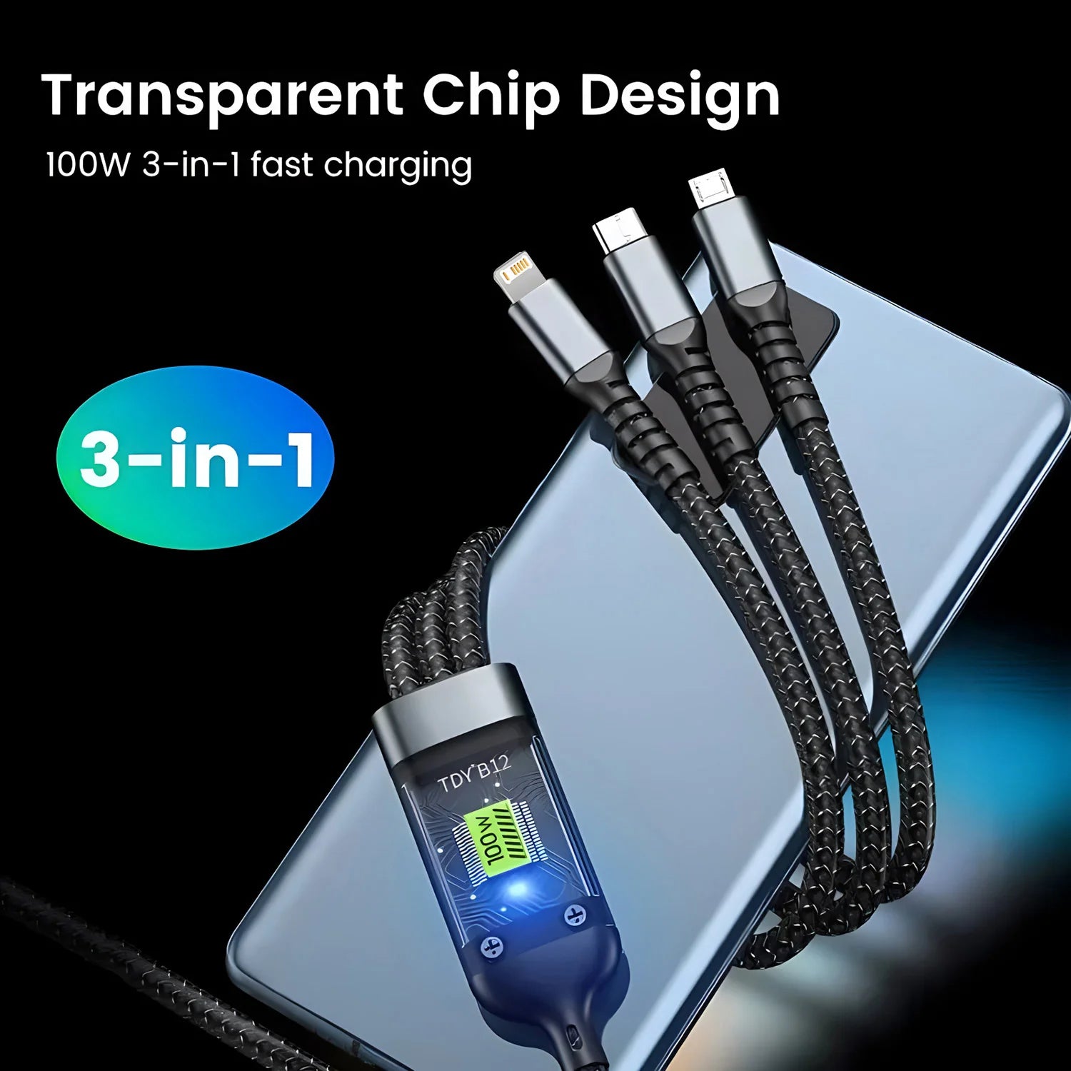 100W Fast Charging Cable Multi Charger Cable Nylon Braided Multiple USB Universal 3 in 1 Charging Cord Adapter with Type-C Micro