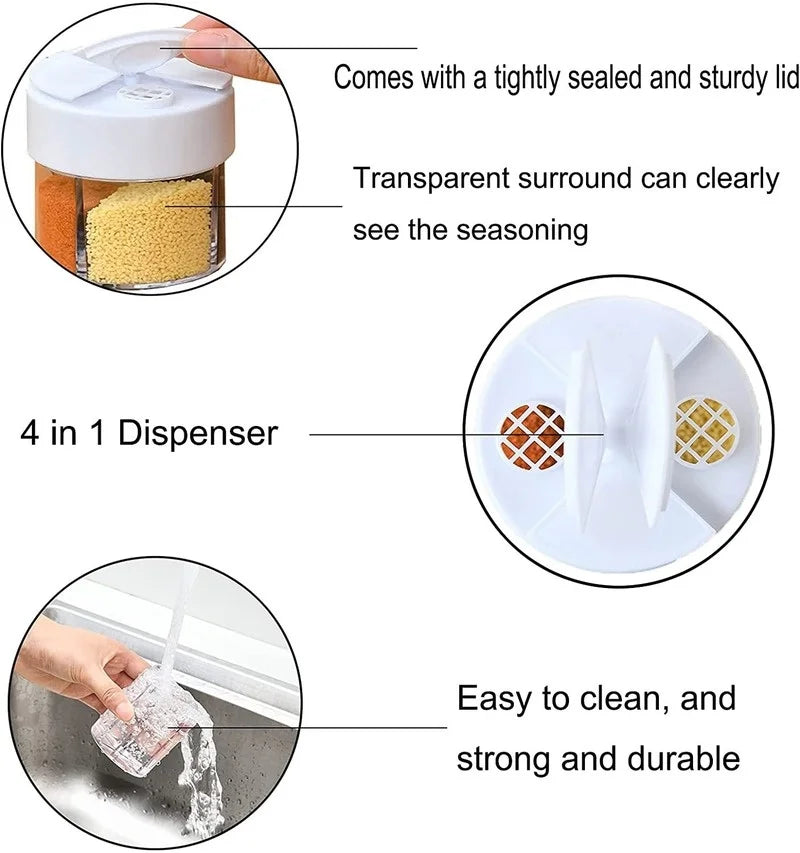 4 in 1 Plastic Dispenser Camping Spice Containers with Sealed lid, Seasoning Spice Shaker Travel Camping Spice Kit for Cooking