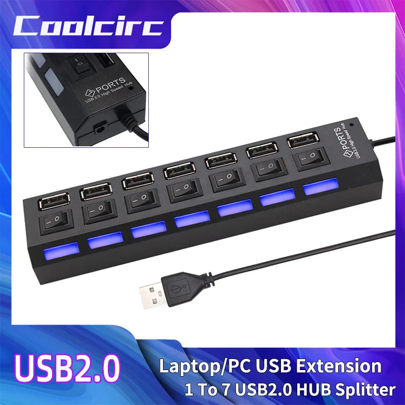 Coolcirc High-Speed 7-Port USB 2.0 Hub with LED Switch &Power Adapter Multi Splitter Expander for PC/Laptop Computer Accessories