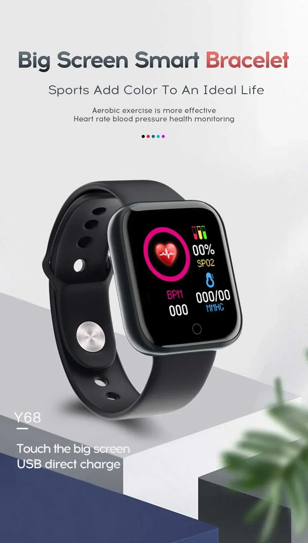 Smartwatch Y68 w/ Color Screen: Activity Tracker, Multi-Sport Mode, Step Counter, Notification Alert, Remote Music/Camera