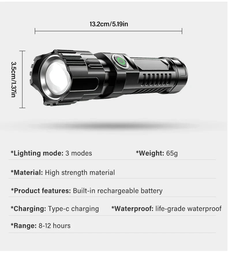 High Strong Power Led Flashlights 2000LM Tactical Torch with Display Light USB Charging Camping Fishing Emergency Zoom Lantern