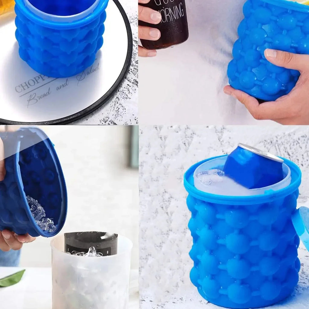 2-in-1 Silicone Ice Bucket & Cube Tray, Portable Freeze Mold for Whiskey Beer, Cabinet Space Saving Bar Home Party Kitchen Tool