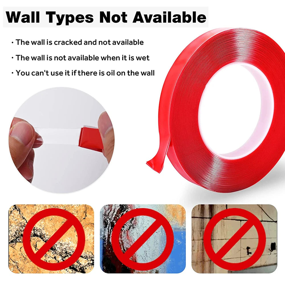 10M Double Sided Adhesive Tape Transparent Acrylic Waterproof Strong Mounting Tape Strip No Trace 5MM-35MM Width for Wall Decor
