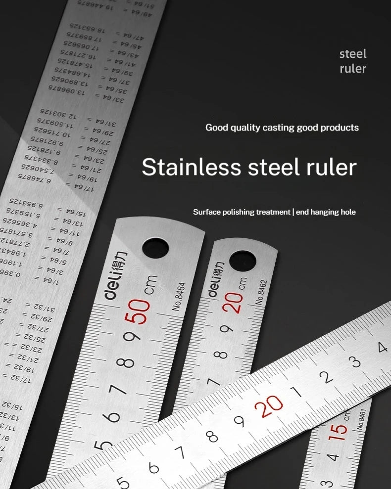 Deli Stainless Steel Ruler for Students And Woodworkers Straight Edge Measuring Tool for Drawing And Drafting 15/20/30/50cm