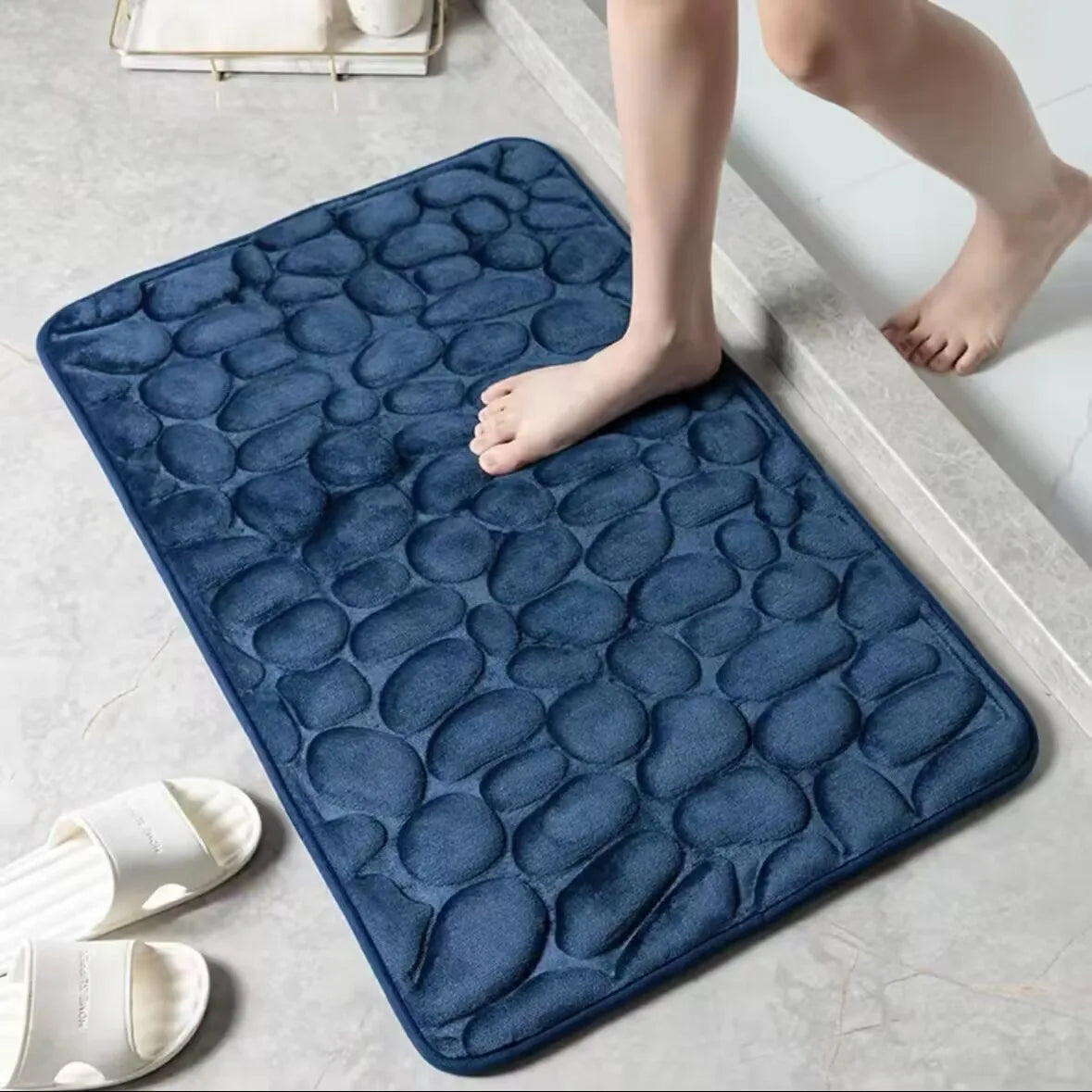 1pc Memory Foam Embossed Velvet Carpet Bathroom Living Room Non-Slip Mat Cobblestone Floor Mat Home Furnishings
