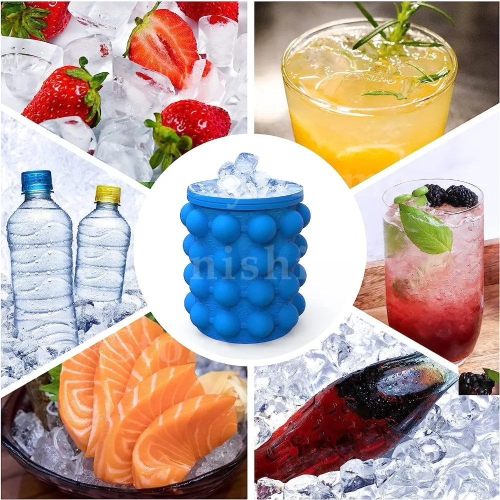 2-in-1 Silicone Ice Bucket & Cube Tray, Portable Freeze Mold for Whiskey Beer, Cabinet Space Saving Bar Home Party Kitchen Tool