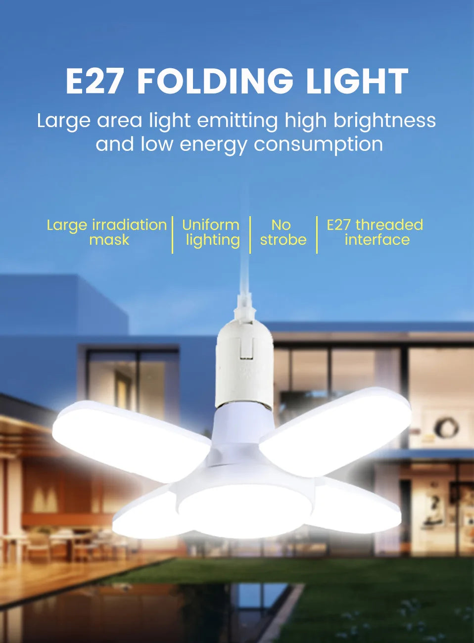 E27 Fan Shape Foldable 28W LED Bulb AC220V/110V Deformation for Home Ceiling Lights Warehouse and Garage White Leaf Light 6500K
