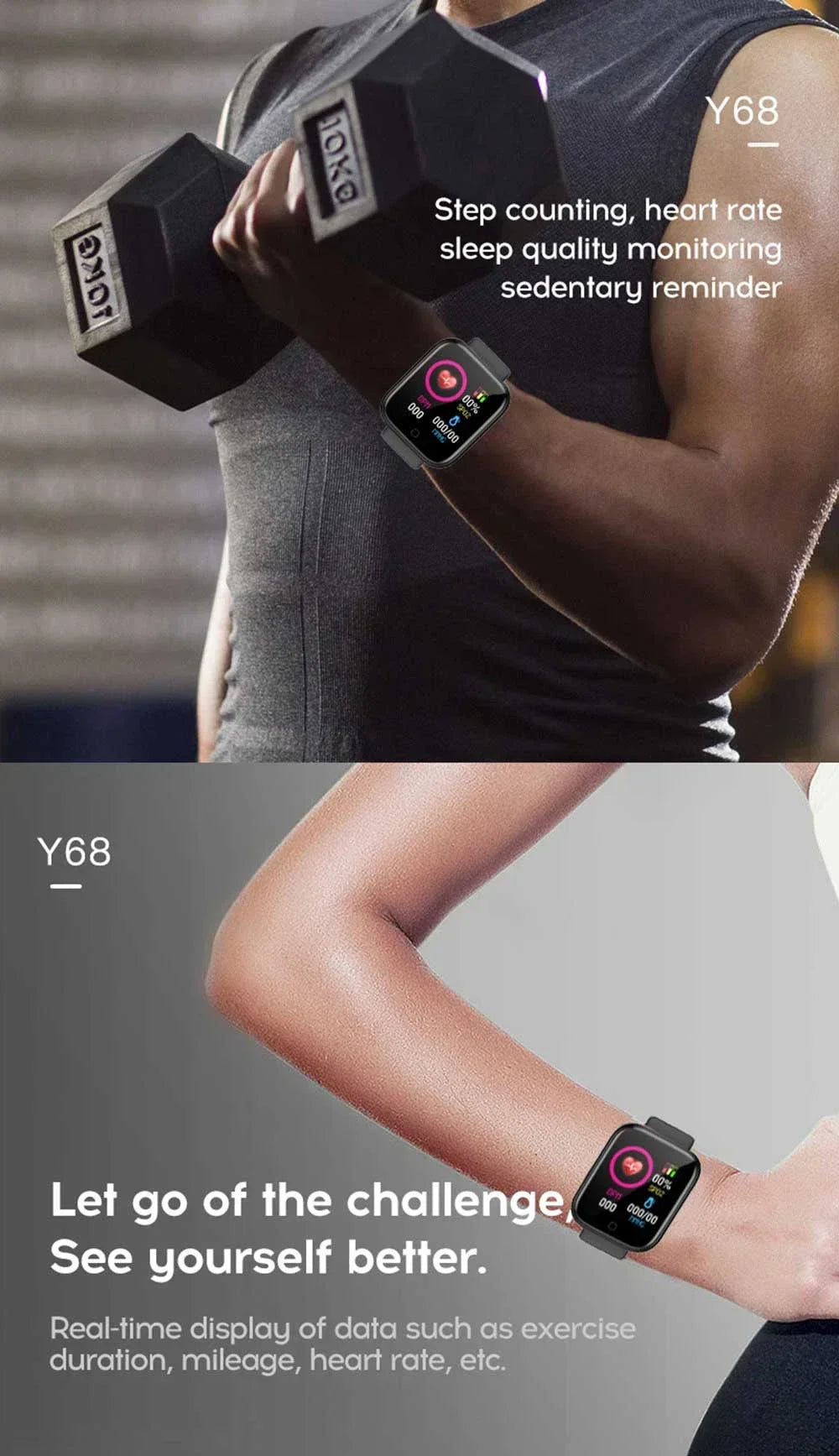 Smartwatch Y68 w/ Color Screen: Activity Tracker, Multi-Sport Mode, Step Counter, Notification Alert, Remote Music/Camera