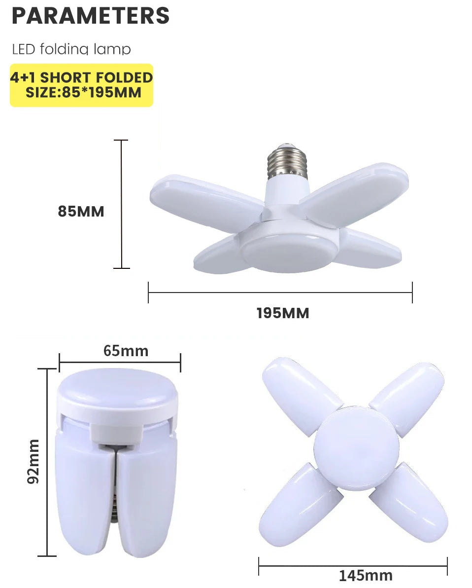 E27 Fan Shape Foldable 28W LED Bulb AC220V/110V Deformation for Home Ceiling Lights Warehouse and Garage White Leaf Light 6500K