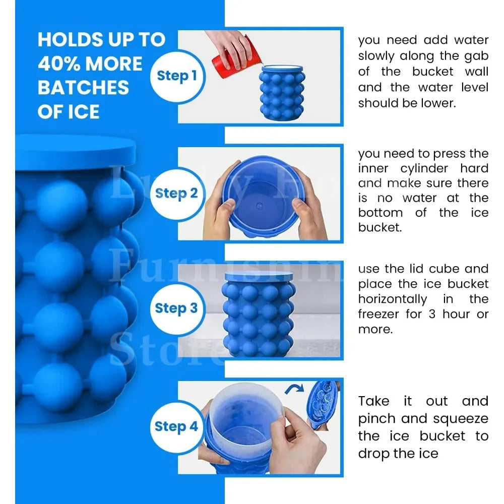 2-in-1 Silicone Ice Bucket & Cube Tray, Portable Freeze Mold for Whiskey Beer, Cabinet Space Saving Bar Home Party Kitchen Tool