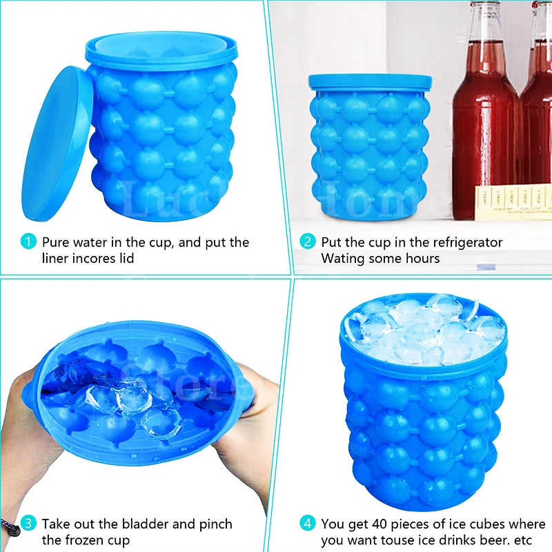 Large Silicone Ice Bucket with Lid, 2-in-1 Space Saving Ice Maker for Cocktail Wine Cooler Freeze Mold Barware Kitchen Tools