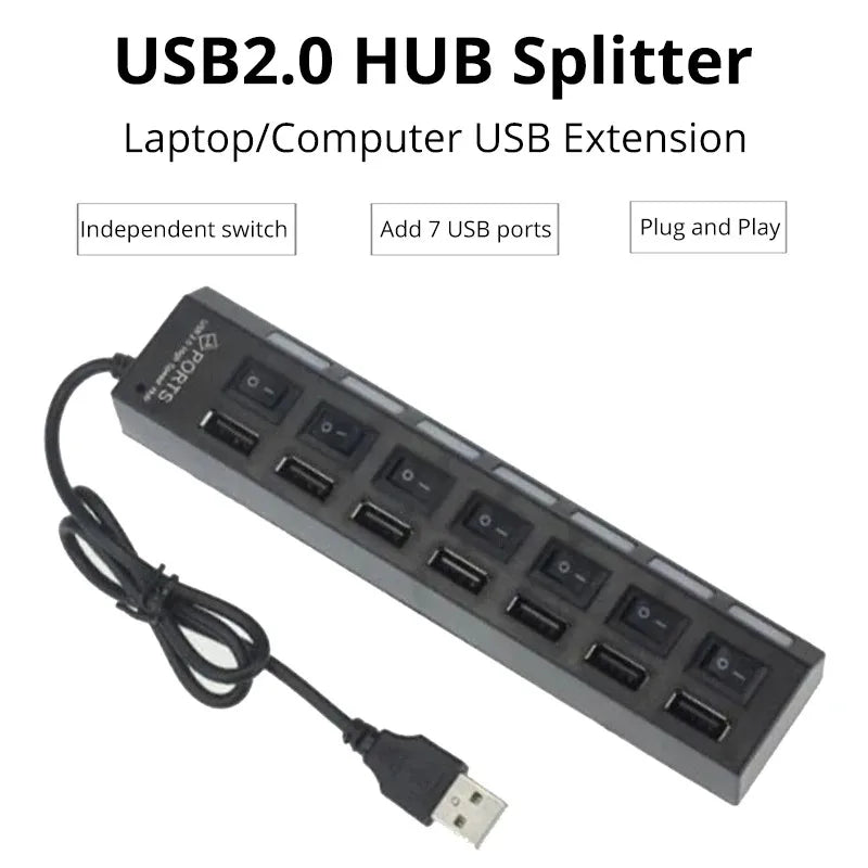 Coolcirc High-Speed 7-Port USB 2.0 Hub with LED Switch &Power Adapter Multi Splitter Expander for PC/Laptop Computer Accessories