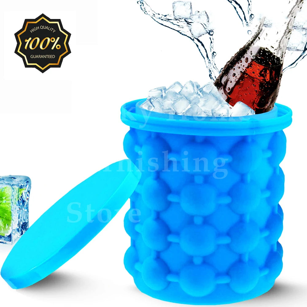 Large Silicone Ice Bucket with Lid, 2-in-1 Space Saving Ice Maker for Cocktail Wine Cooler Freeze Mold Barware Kitchen Tools