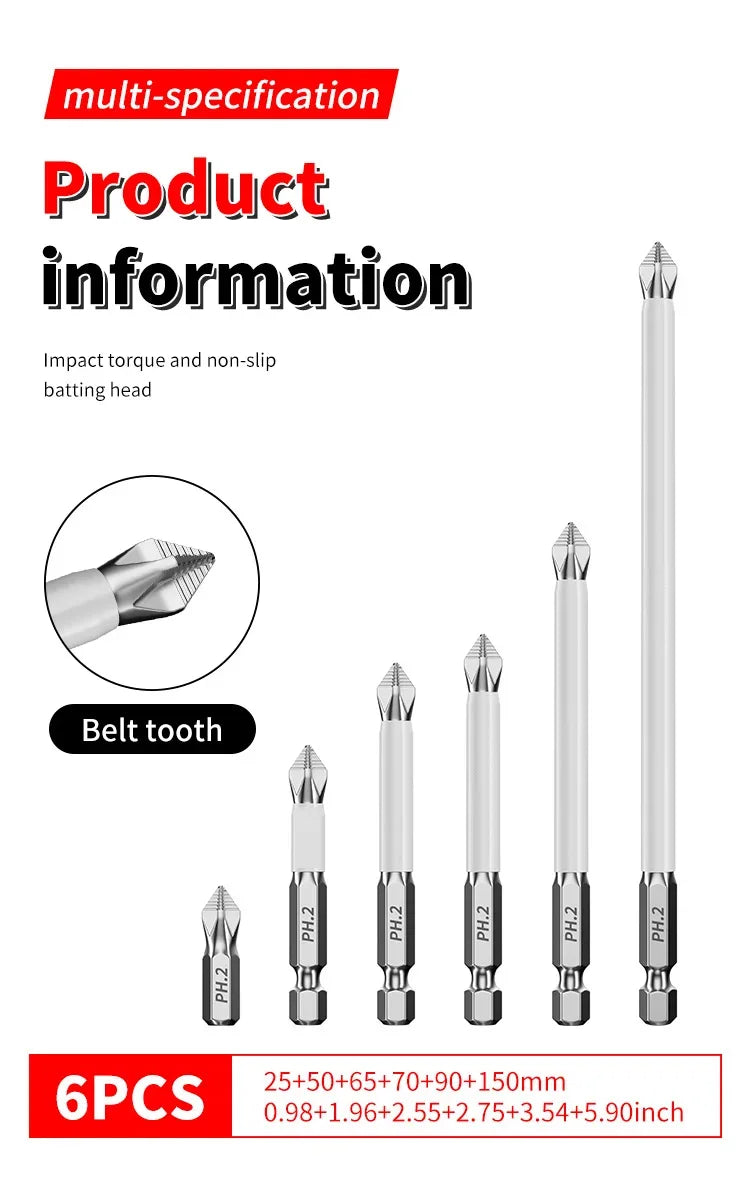 6 PCS Cross Screwdriver Head Strong Magnetic Anti Slip High Hardness Electric Screwdriver Tool Electric Drill Extended Hexagonal