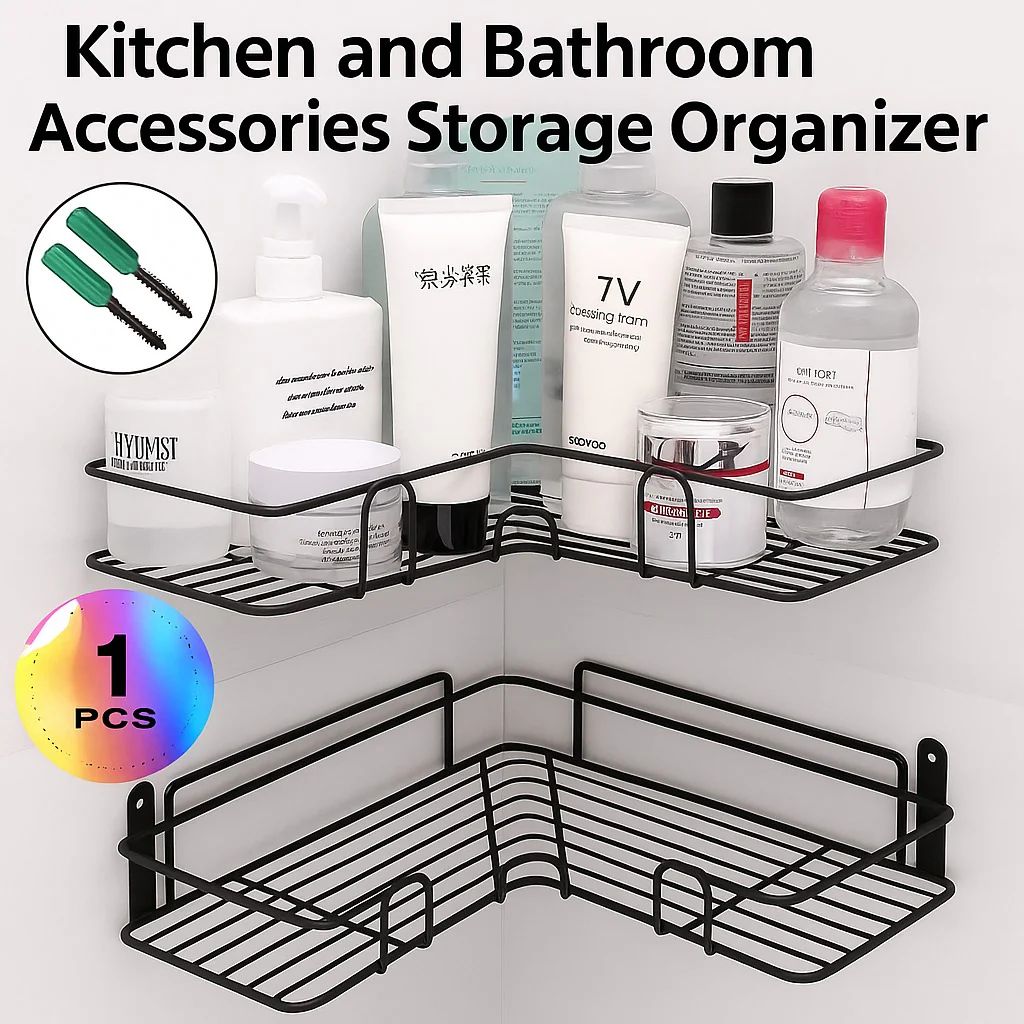 Bathroom Kitchen Punch Corner Frame Shower Shelf Wrought Iron Shampoo Storage Rack